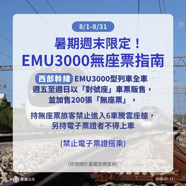 台鐵8月周五至周日 西部EMU3000型採全車對號座售票