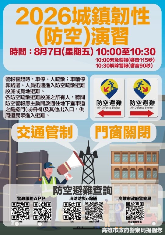 高雄市城鎮韌性(防空)演習8月7日登場 實施人、車管制及防空疏散避難